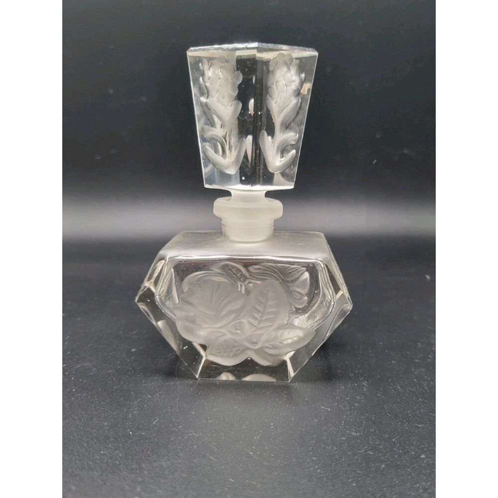 Vintage Bohemian Frosted Etched Clear Crystal Perfume Bottle Stopper Glass 4”